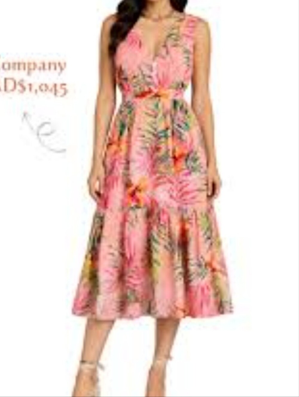 New York & Company Pink Tropical Floral V-Neck Midi Dress